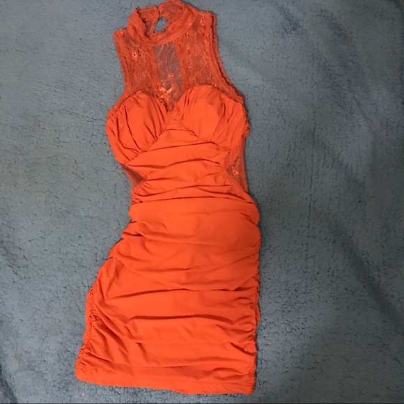 orange ruched bodycon dress